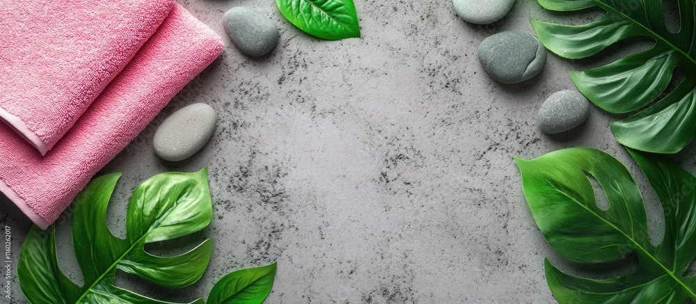 Poster top view of pink towels smooth stones and lush green leaves on a textured surface with empty space f
