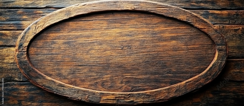 Poster rustic oval wooden table surface with textured oak grain and ample empty space for text or product p