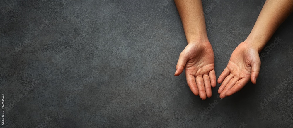 Poster male hands showing open palms in a negative gesture on a neutral gray background with space for text