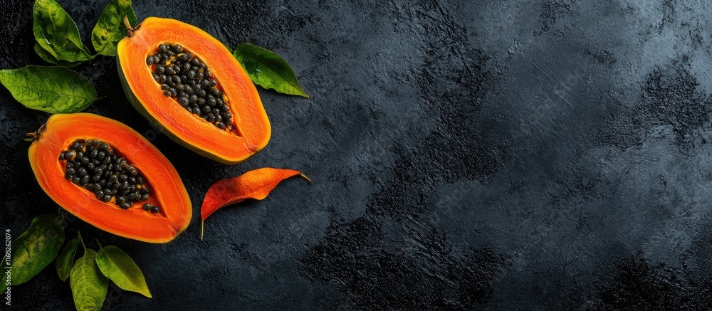 Poster papaya halves with vibrant orange flesh and seeds displayed on dark textured background with space f