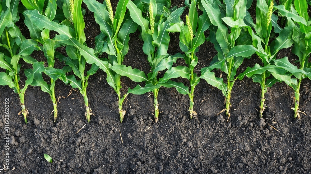 Aufkleber aerial view of lush corn rows in a fertile field with empty copy space for agricultural and organic 