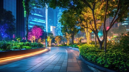 Vibrant urban park at night with colorful lighting and modern architecture showcasing a futuristic cityscape for promotional use