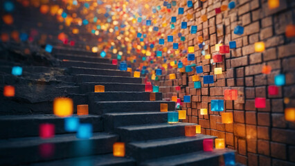 expansion or expansion of the design concept. On a coloerf background, a cube block staircase is growing up to the target. Attainment of success or motivation for business goals