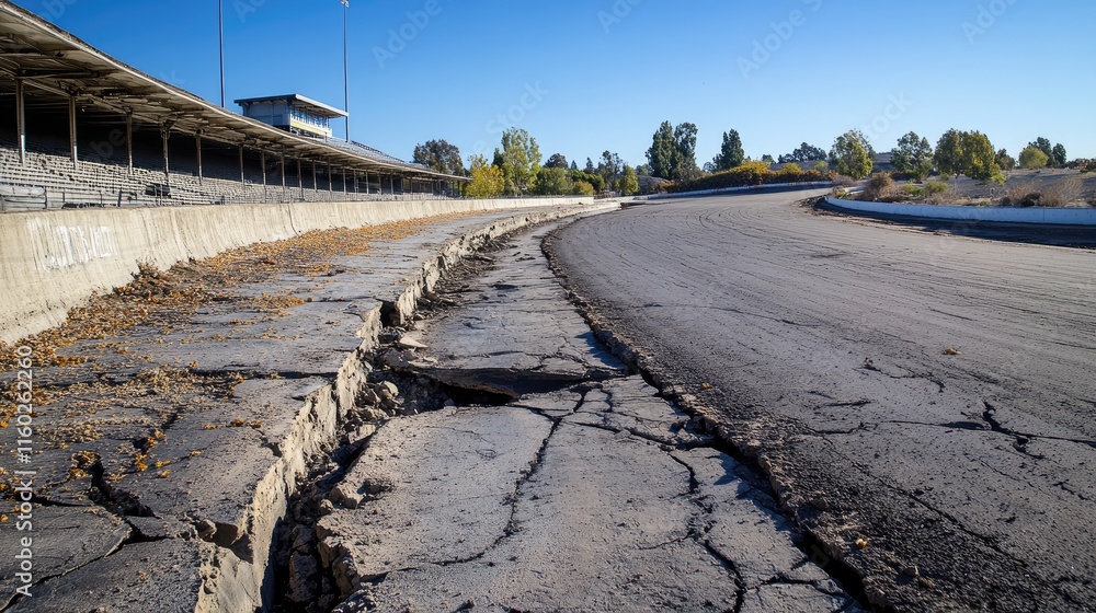 Poster rugged cracked racetrack featuring eroded trenches with a curve transitioning to an abandoned grands