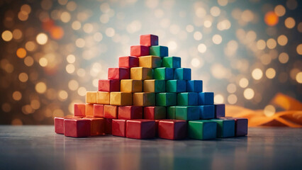 expansion or expansion of the design concept. On a coloerf background, a cube block staircase is growing up to the target. Attainment of success or motivation for business goals