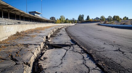 Fototapeta premium Rugged cracked racetrack featuring eroded trenches with a curve transitioning to an abandoned grandstand under clear blue skies.