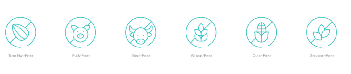 Tree Nut-Free, Pork-Free, Beef-Free, Wheat-Free, Corn-Free, and Sesame-Free Vector Icon Set for Inclusive and Allergy-Safe Tea Products
