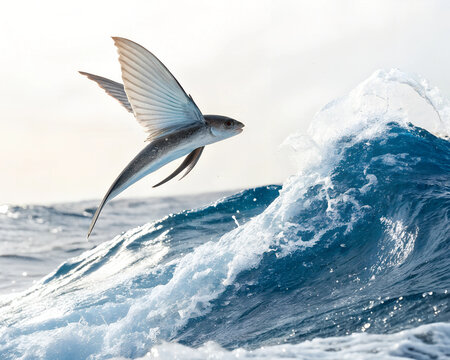 A flying fish mid-flight, its long, wing-like fins glinting in the sunlight above blue waves