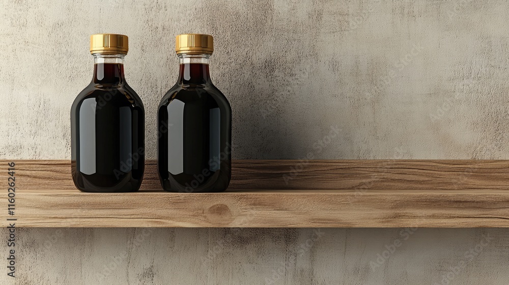Poster two bottles of soy sauce with distinctive glaze displayed on rustic wooden shelf against textured wa
