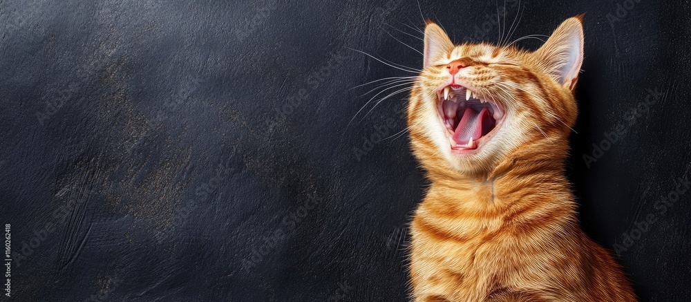 Poster happy orange tabby cat yawning against a dark background with ample copy space for text or branding 