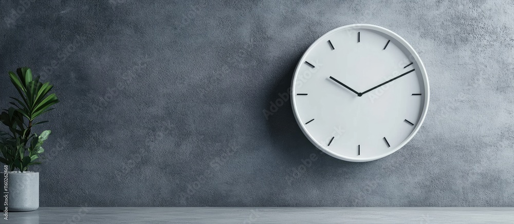 Poster minimalist wall clock on textured gray background with empty space for customization and contemporar