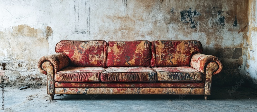 Poster worn vintage sofa in abandoned room with peeling walls and empty space for caption or text placement