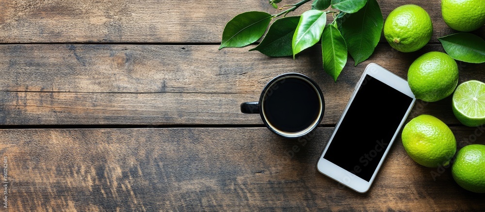 Poster fresh limes coffee cup and smartphone arranged on rustic wooden table with empty space for text and 