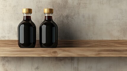 Two bottles of soy sauce with distinctive glaze displayed on rustic wooden shelf against textured wall backdrop