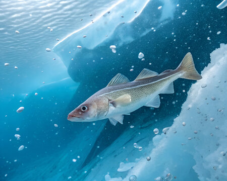 A small arctic cod with pale coloration gliding through icy waters