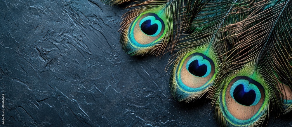 Poster close-up of vibrant peacock feathers on textured dark background with space for text or design eleme
