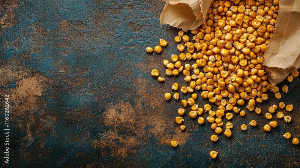 Poster corn kernels spilled from paper bag on textured background with empty copyspace for food banner or o