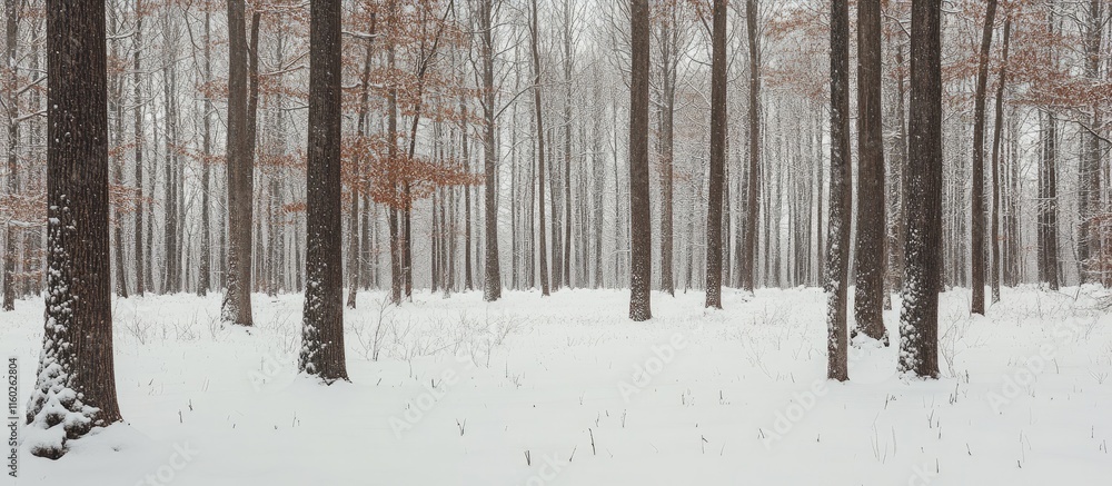 Poster snowy winter forest scene with tall trees and blank space for text or messages
