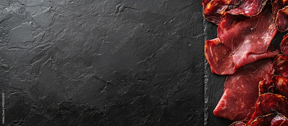 Poster gourmet iberian cured meats arranged on a dark stone background with space for text or branding in c