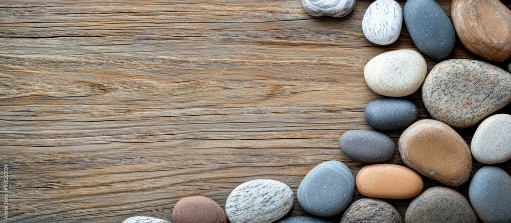 Aufkleber minimalist wallpaper featuring pebble stones on wood background with ample space for custom text or 