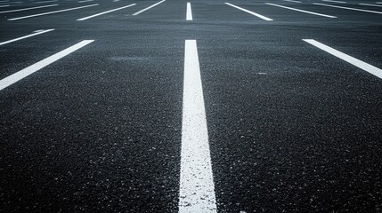 Road marking project featuring precise white line applications on a newly constructed asphalt surface at a parking lot.
