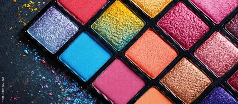 Poster colorful eyeshadow palette arrangement with empty space for customizable text and creative design el