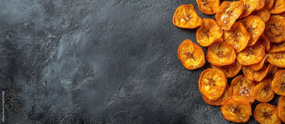 Poster fried banana chips with lightly salted coating on dark background ideal for snacking and food advert
