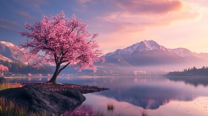 A magnificent and beautiful cherry blossom tree standing alone, with beautiful mountain and lake...