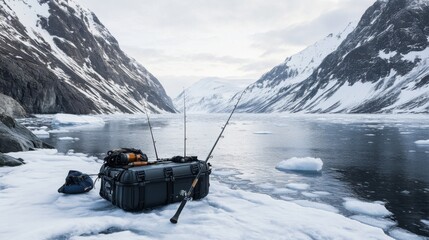 An adventurous fishing expedition in a remote Arctic fjord with icebergs drifting, Fishing rods and tackle amidst icy waters and snowy peaks, Arctic adventure style