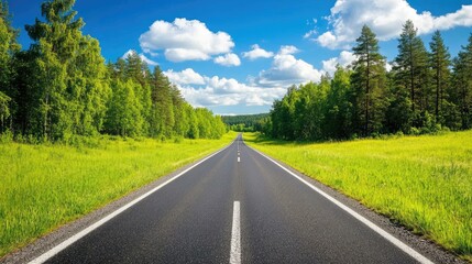 Naklejka premium Scenic road winding through lush green meadow and forest under a vibrant blue sky with fluffy clouds in a summer national park setting