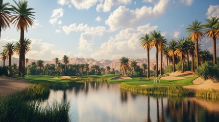 Obraz premium An adventurous golfing expedition on a desert oasis with palm trees and a shimmering oasis lake, Golf clubs positioned against desert sands and lush greenery, Oasis adventure style