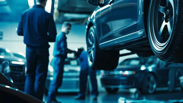 Car service, close-up of the car's wheels and workshop workers in uniform working on an car with. Background for a banner or poster design with copy space. Blurred background.