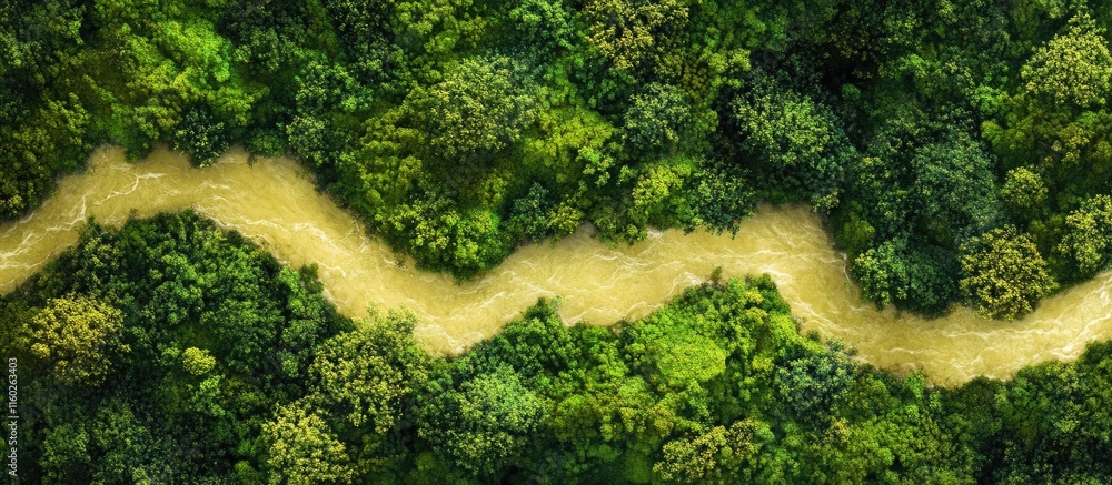 Poster aerial view of a winding river amidst lush green forests with ample negative space for text or desig