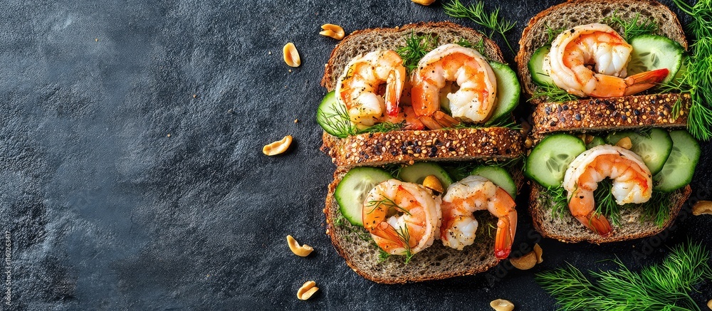 Aufkleber Wholegrain multiseed rye bread sandwiches topped with shrimp avocado cucumber and dill on dark background with empty space for text