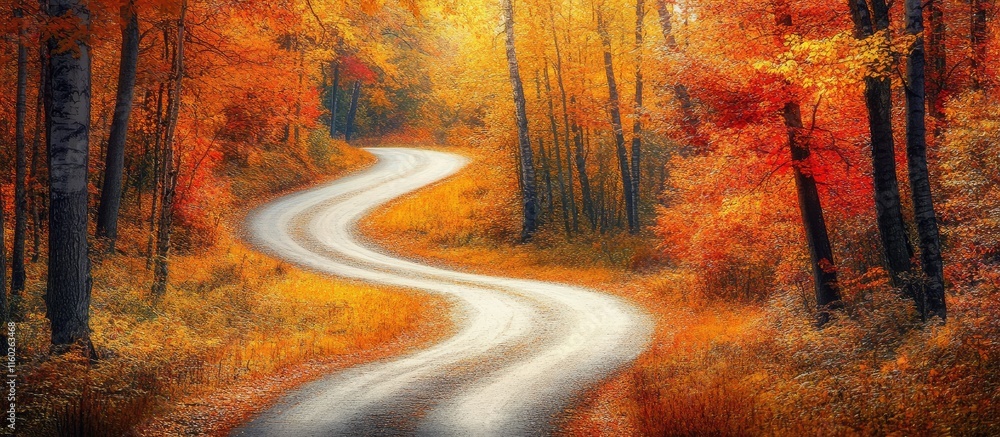 Poster scenic winding road through colorful autumn trees creating a serene landscape with ample space for t