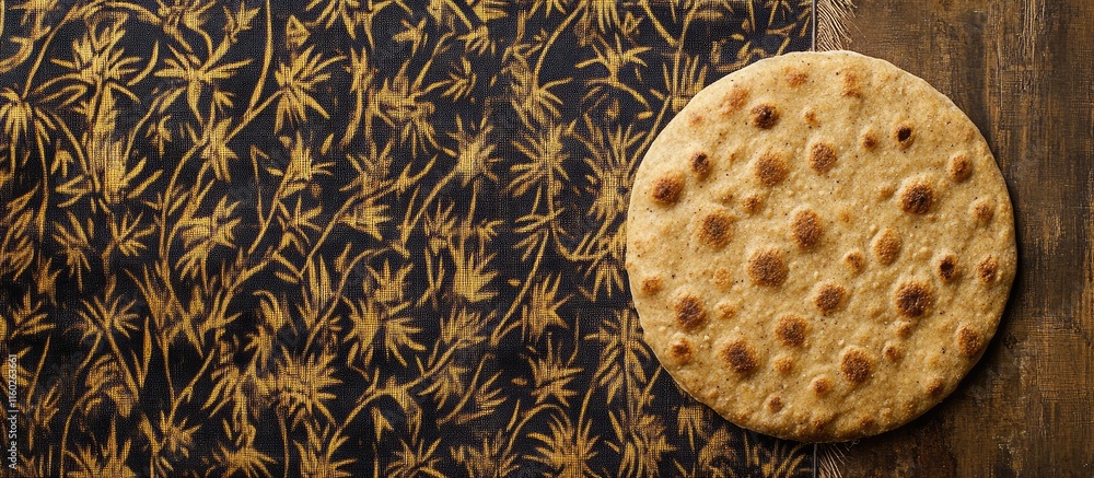 Poster whole wheat flatbread on patterned fabric with movable space for food-related text or branding ideal