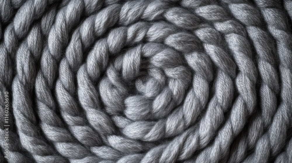 Poster soft gray cotton yarn twisted into a circular pattern creating a textured background for crafts and 