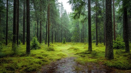 Obraz premium Rainy Forest Landscape with Intense Downpour and Glistening Wet Vegetation under Lush Green Trees