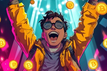 Joyful Celebration of Crypto Wealth in Cartoon Style