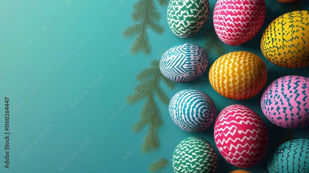 Poster colorful easter eggs arranged on a turquoise background with patterns and shadows