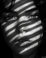 Primer plano artístico en blanco y negro de rostro femenino con sombras de persiana, mirada intensa y contraste de luz y sombras dramáticas