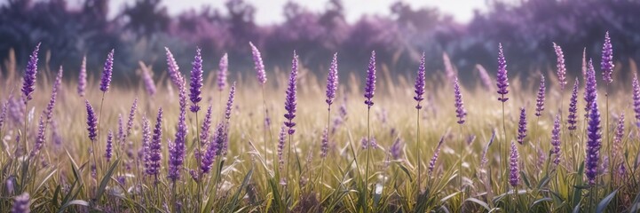 Obraz premium Dreamy watercolor illustration of purple grass flowers in a field, grass, colorful