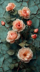 Peach Roses on Cracked Teal Wall - Vintage Floral Still Life Photography