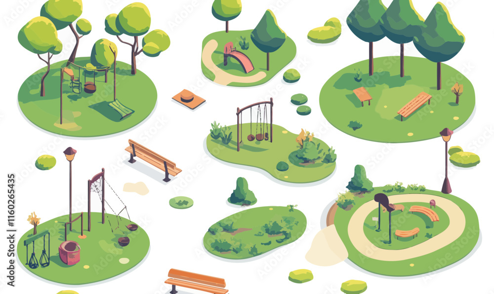 Poster isometric park scene with playgrounds and benches in minimalist vector style
