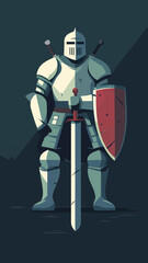 Naklejka premium Minimalist Flat Vector Illustration of Armor Knight with Sword and Shield for Medieval Themes