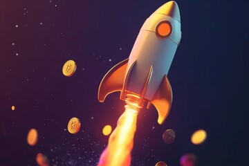 Playful Rocket Carrying Coins into Space in Cartoon Style