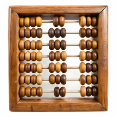 An old wooden abacus with colorful beads, set against a white background, ideal for historical, educational,