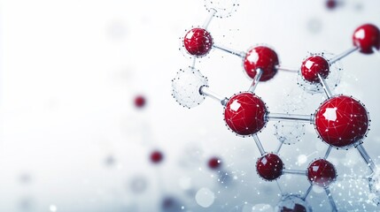 Abstract 3D rendering of red molecules connected by bonds on a white background.