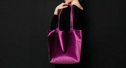 Purple velvet tote bag on plain black background