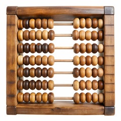 An old wooden abacus with colorful beads, set against a white background, ideal for historical, educational,